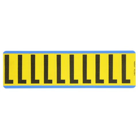 Vinil bez mektup, 2.00'' (50.8mm) gösterge yüksekliği, 2.25'' (57.2) yüksekliği, 'L' (gösterge), siyah ve sarı / vinil kumaş, 10 markörler / kart, 25 kart / paketi.