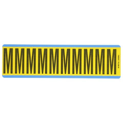 Vinil bez mektup, 2.00'' (50.8mm) gösterge yüksekliği, 2.25'' (57.2) yüksekliği, 'M' (gösterge), siyah ve sarı / vinil kumaş, 10 markörler / kart, 25 kart / paketi.