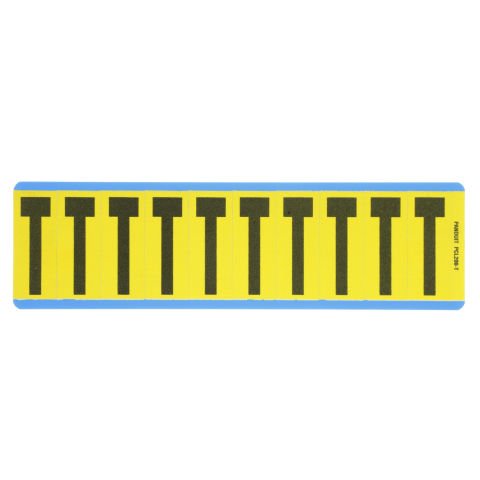 Vinil bez mektup, 2.00'' (50.8mm) gösterge yüksekliği, 2.25'' (57.2) yüksekliği, 'T' (gösterge), siyah ve sarı / vinil kumaş, 10 markörler / kart, 25 kart / paketi.