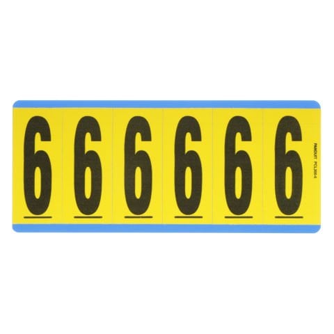 Siyah / san Vinil bez numarası, 3.00'' (76.2 mm), gösterge yüksekliği, 3.50'' (88.9) yüksekliği, '6' (gösterge), vinil kumaş, 6 markörler / kart, 25 kart / paketi.