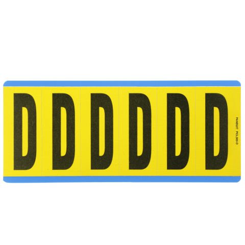 Vinil bez mektup, 3.00'' (76.2 mm), gösterge yüksekliği, 3.50'' (88.9) yüksekliği, 'D' (gösterge), siyah ve sarı / vinil kumaş, 6 markörler / kart, 25 kart / paketi.