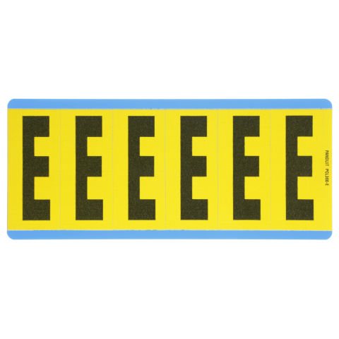 Vinil bez mektup, 3.00'' (76.2 mm), gösterge yüksekliği, 3.50'' (88.9) yüksekliği, 'E' (gösterge), siyah ve sarı / vinil kumaş, 6 markörler / kart, 25 kart / paketi.