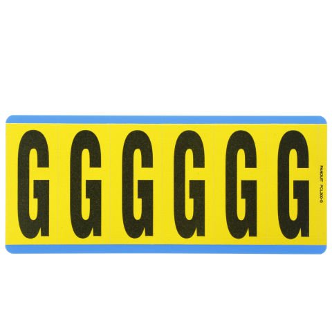 Vinil bez mektup, 3.00'' (76.2 mm), gösterge yüksekliği, 3.50'' (88.9) yüksekliği, 'G' (gösterge), siyah ve sarı / vinil kumaş, 6 markörler / kart, 25 kart / paketi.