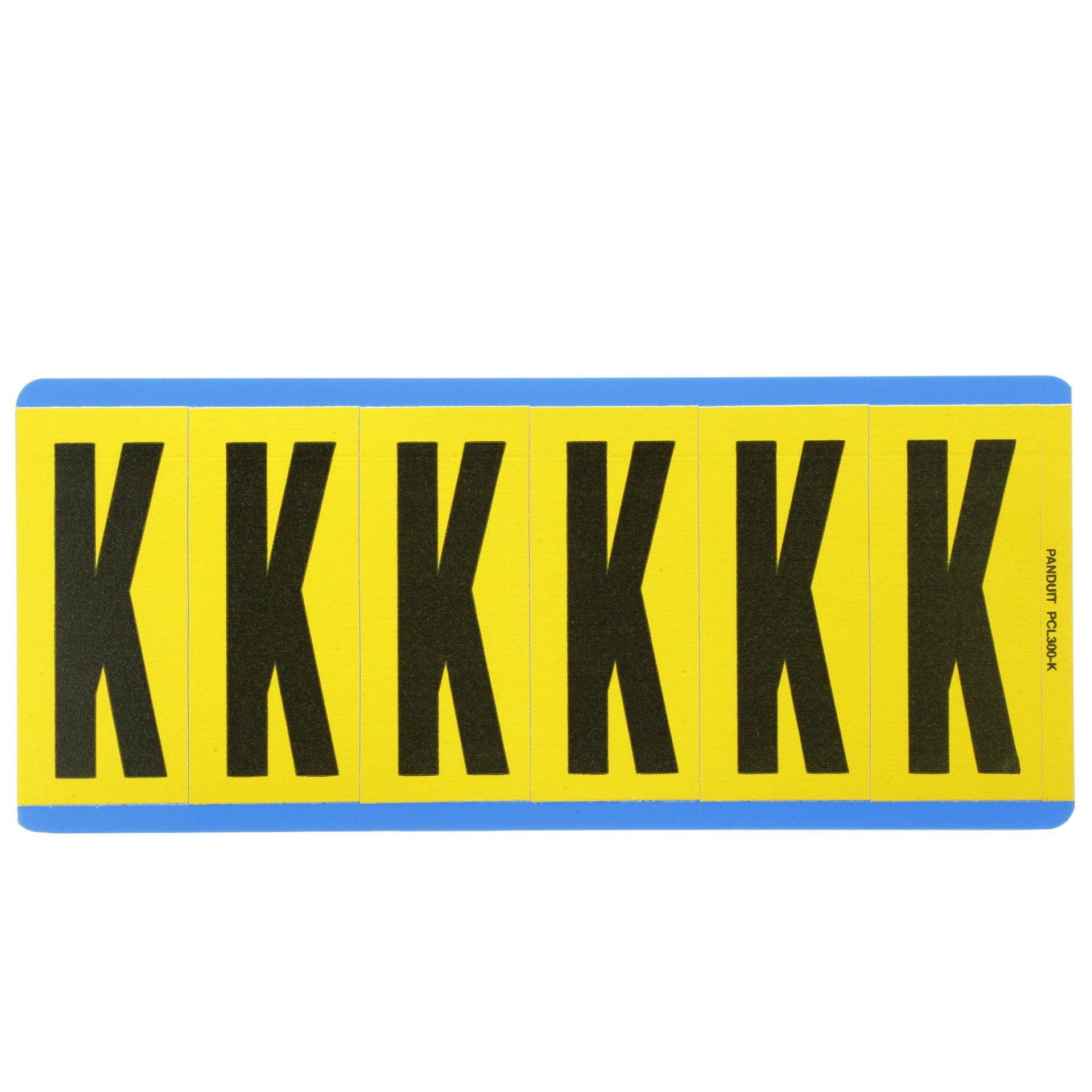 Vinil bez mektup, 3.00'' (76.2 mm), gösterge yüksekliği, 3.50'' (88.9) yüksekliği, 'K' (gösterge), siyah ve sarı / vinil kumaş, 6 markörler / kart, 25 kart / paketi.