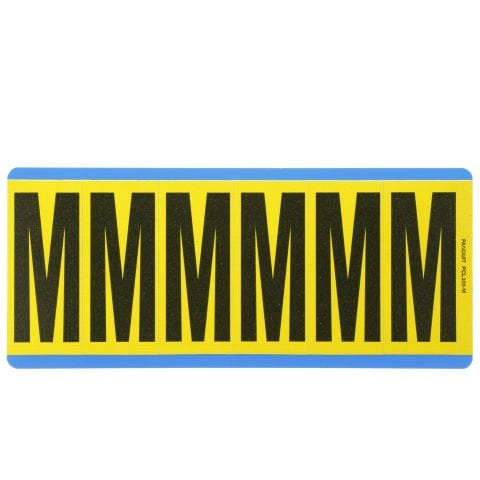 Vinil bez mektup, 3.00'' (76.2 mm), gösterge yüksekliği, 3.50'' (88.9) yüksekliği, 'M' (gösterge), siyah ve sarı / vinil kumaş, 6 markörler / kart, 25 kart / paketi.