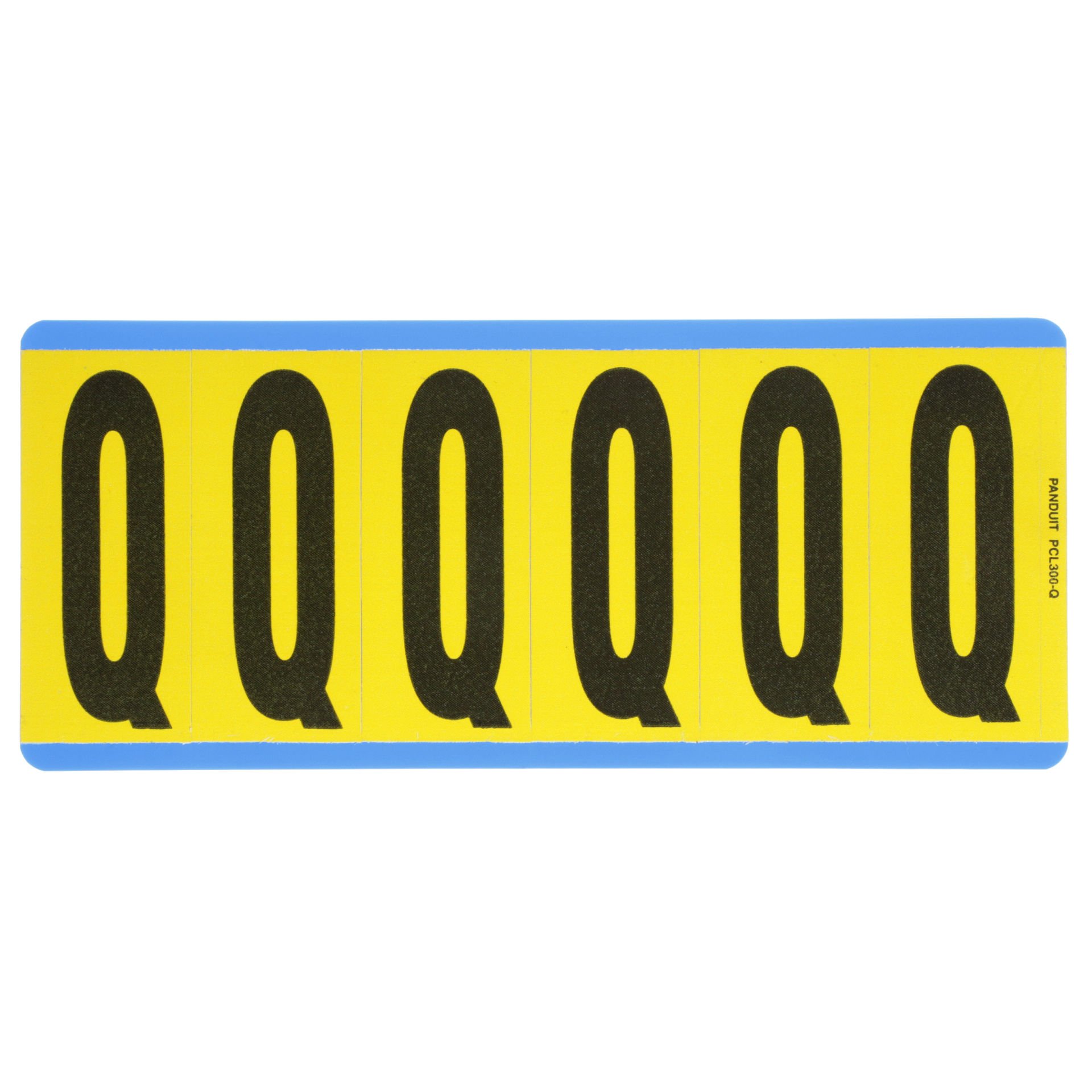 Vinil bez mektup, 3.00'' (76.2 mm), gösterge yüksekliği, 3.50'' (88.9) yüksekliği, 'Q' (gösterge), siyah ve sarı / vinil kumaş, 6 markörler / kart, 25 kart / paketi.