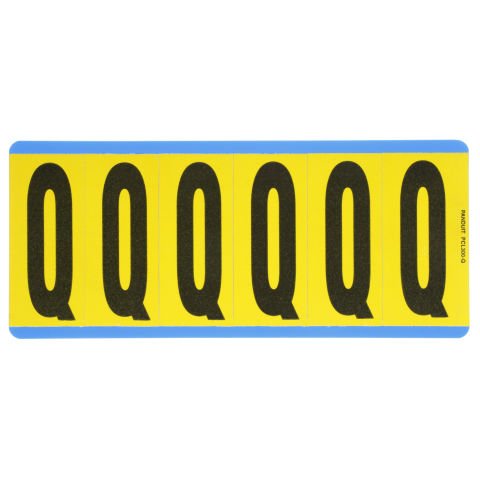 Vinil bez mektup, 3.00'' (76.2 mm), gösterge yüksekliği, 3.50'' (88.9) yüksekliği, 'Q' (gösterge), siyah ve sarı / vinil kumaş, 6 markörler / kart, 25 kart / paketi.
