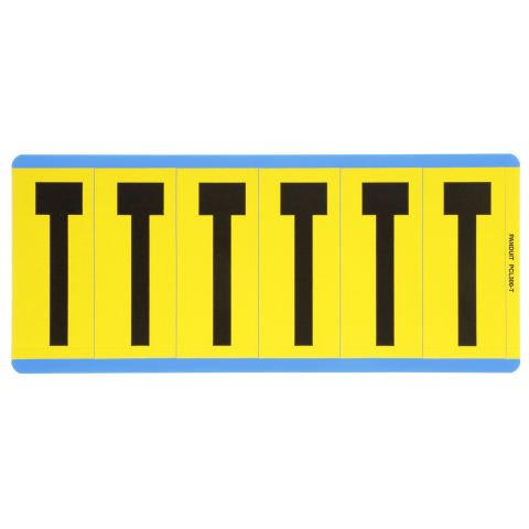 Vinil bez mektup, 3.00'' (76.2 mm), gösterge yüksekliği, 3.50'' (88.9) yüksekliği, 'T' (gösterge), siyah ve sarı / vinil kumaş, 6 markörler / kart, 25 kart / paketi.
