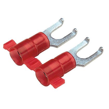 Flanşlı çatal terminal, naylon yalıtımlı metal yalıtım kavrama manşonu, 22-18 AWG kablo aralığı, 8. saplama boyutu.