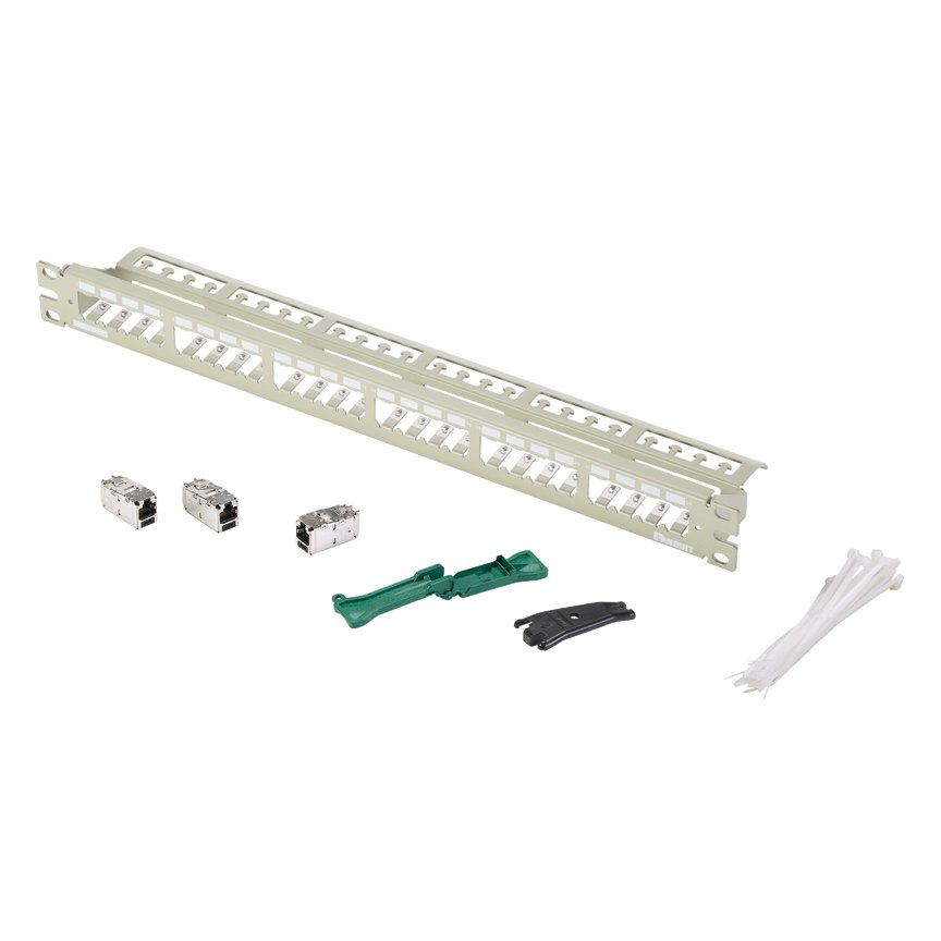 Kısa Com tüm metal ile kumanda paneli kiti korumalı modüler 24 bağlantı dahili açık gri olarak gerilim azaltma bar; yirmidört Mini Com Kategori 6 korumalı modülleri, (1 RU) içerir.