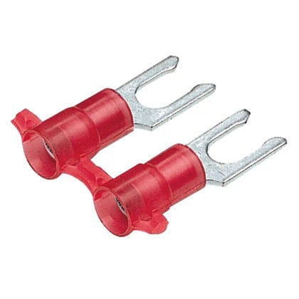 Kilitleme çatal terminal, naylon yalıtımlı metal yalıtım kavrama manşonu, 22-18 AWG kablo aralığı, 8. saplama boyutu.