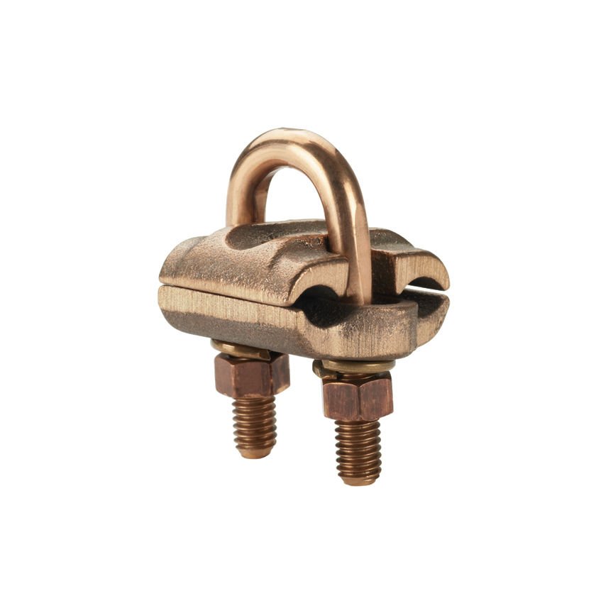 Bronz topraklama kelepçesi, 2 kabloları, 2/0 SOL için kancası - 250 kcmil bakır iletken boyutu aralığı, 5/8'' (1.6 mm) ya da 3/4'' (1.9mm) zemin çubuk büyüklüğü, 3/8” (9.5 aa), demir boru boyutu.