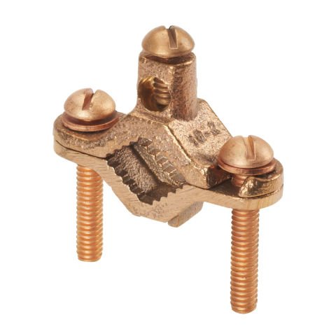 Bronz topraklama kelepçesi, doğrudan gömülme, 10. SOL - 2. STR AWG iletken boyutu aralığı, 2 1/2'' - 4'' (63.5mm - 101.6mm) demir boru boyutu, 4.25'' (108.0mm) boru kelepçesi vida uzunluğu.