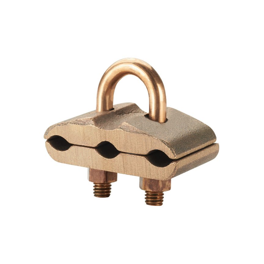 Bronz topraklama kelepçesi, 3 kablolar için kancası, 2/0 - 250 kcmil bakır iletken boyutu aralığı, 5/8'' (1.6 mm) ya da 3/4'' (1.9mm) zemin çubuk büyüklüğü, 3/8” (9.5mm ), demir boru boyutu.