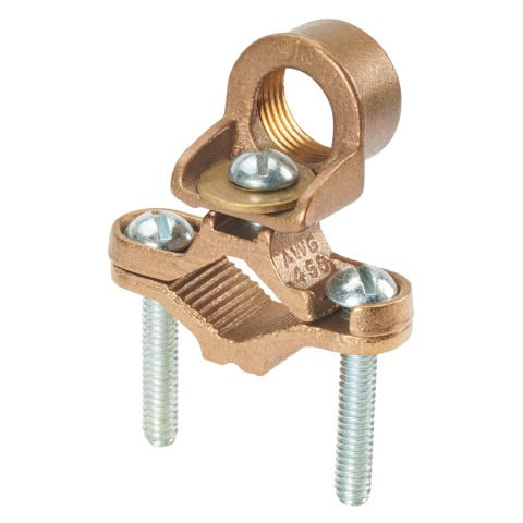 boru Bronz topraklama kelepçesi, 8. SOL - 4. STR AWG iletken boyutu aralığı, 1 1/4'' -2'' (31.8 - 50.8mm) demir boru boyutu, 3/4'' (19.1mm) boru göbek boyutunun, 2.22 ''(56.4mm) boru kelepçesi vida uzunluğu.