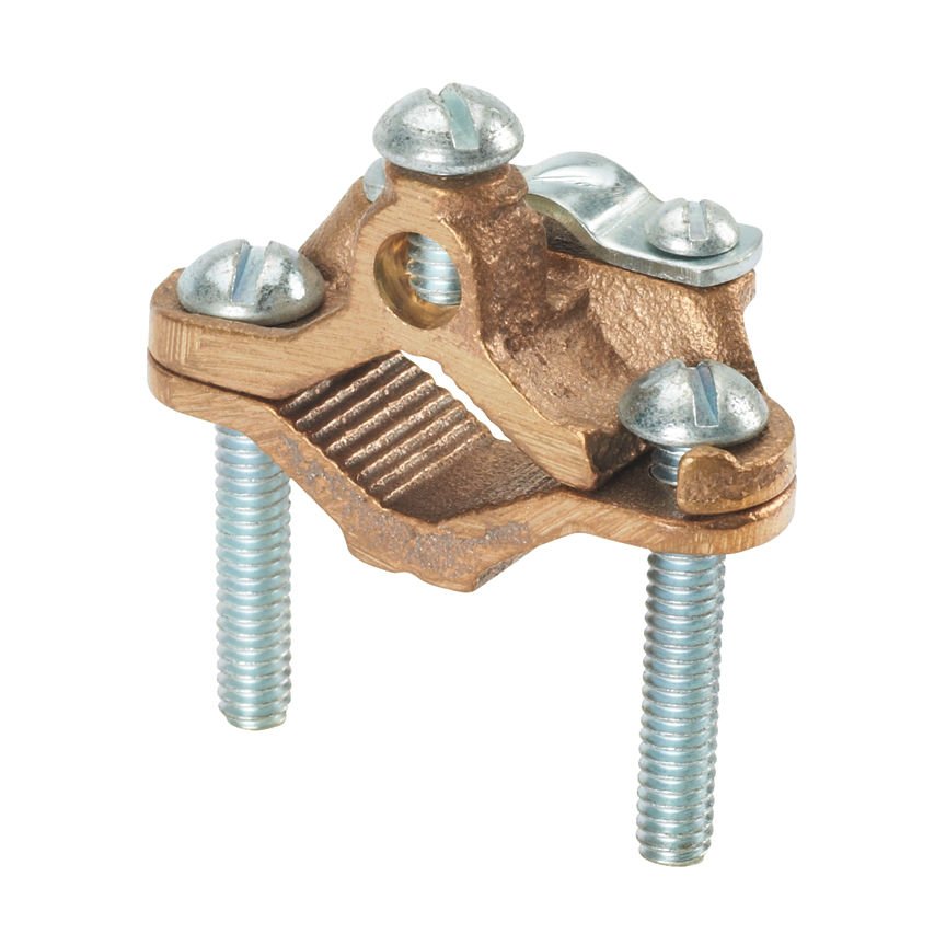 Bronz topraklama kelepçesi, zırhlı kablo, Phos bronz donanım, 8. SOL - 4. STR AWG iletken boyutu aralığı, 1/2'' - 1'' (12.7 mm - 25,4 mm), demir boru boyutu, 1.65'' (41.9mm) boru kelepçesi vida uzunluğu.
