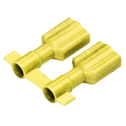 titreşime dayanıklı dişi bağlantı kesme pirinç ve kalay kaplama mesafesindedir. Tamamen sarı prim naylon muhafaza içinde izole edilmiştir. Bu 0.250 x 0.032'' bir sekme boyutuna sahiptir (6.3 x 0.8 mm) ve destekler 12-10 AWG (4,0-6,0 mm²) bir tel aralığı. 