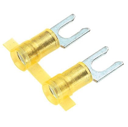 Kilitleme çatal terminal, naylon yalıtılmış, huni giriş metal yalıtım kavrama manşonu, 12-10 AWG kablo aralığı, 8. saplama boyutu.