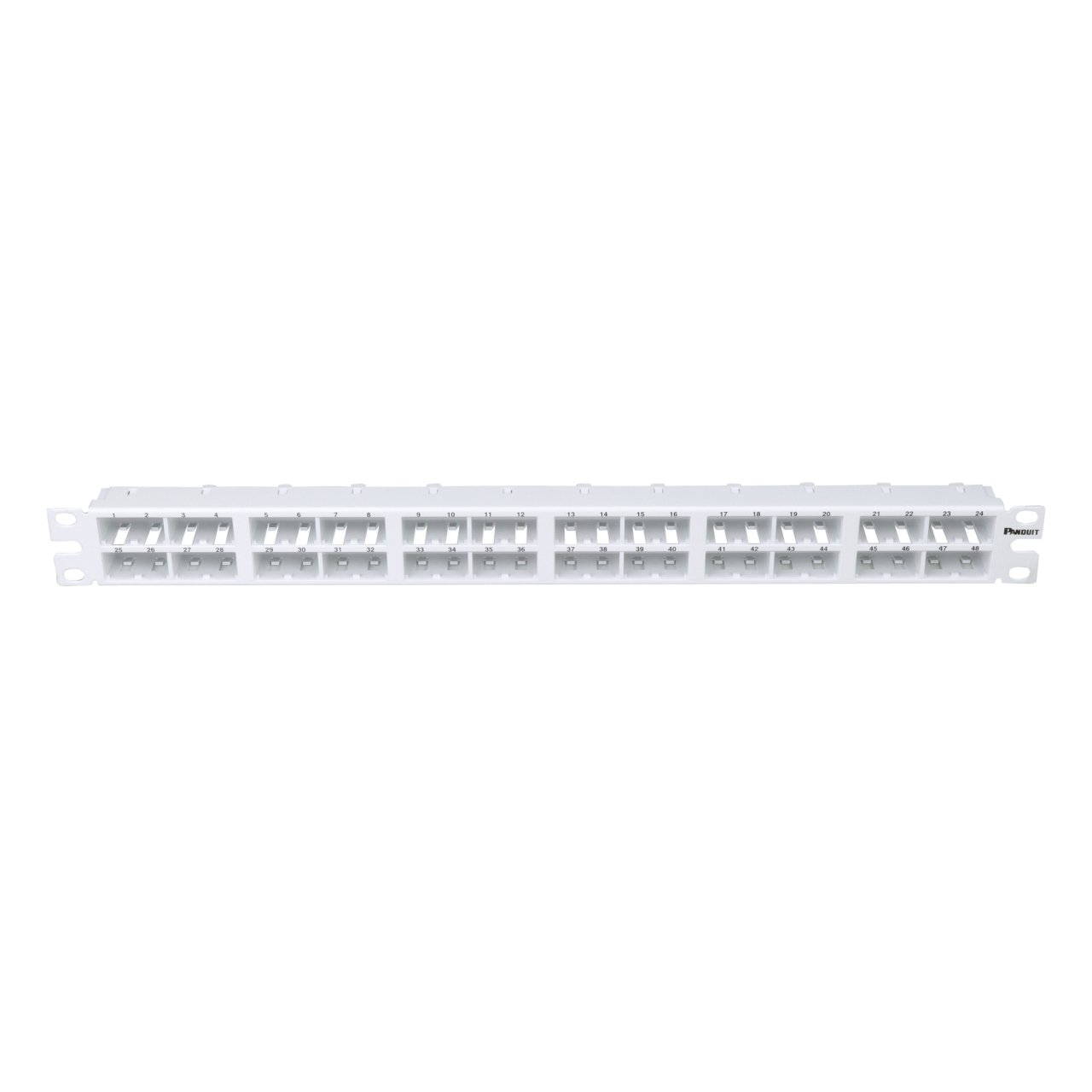 Beyaz Mini Com 48 bağlantı modüler yüksek yoğunluklu patch panel, (1RU).