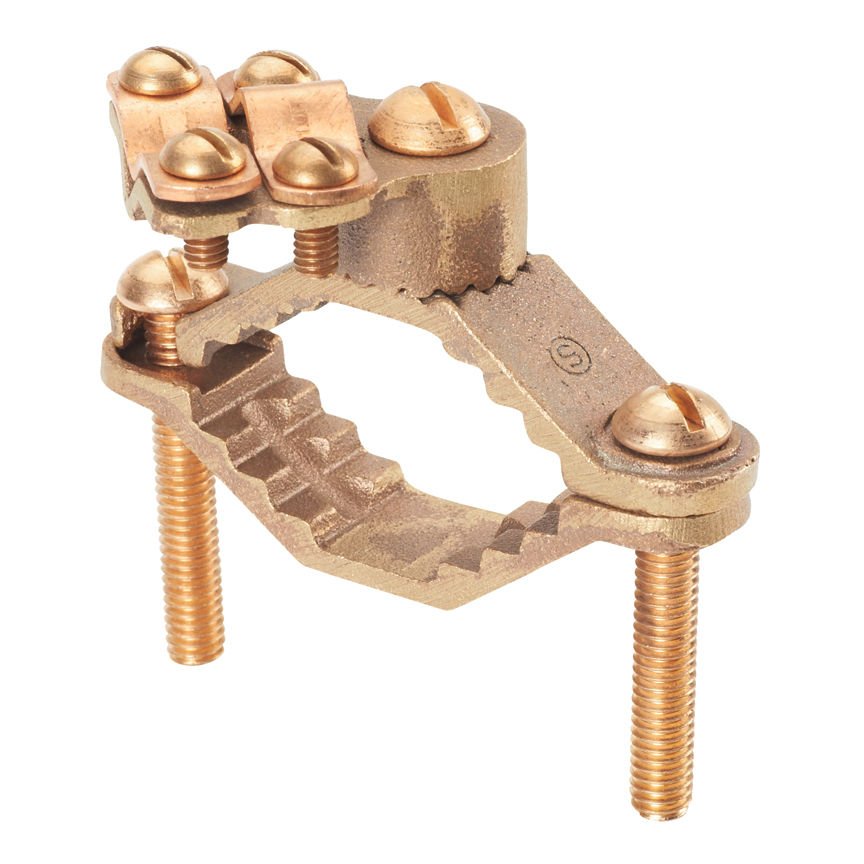 Bronz topraklama kelepçesi, ağır iş, doğrudan gömülme 8. SOL - 4/0 STR AWG iletken boyutu aralığı, 1/2'' - 1'' (12.7 mm - 25,4 mm), demir boru boyutu, 1.65'' (41.9mm) boru kelepçesi vida uzunluğu .