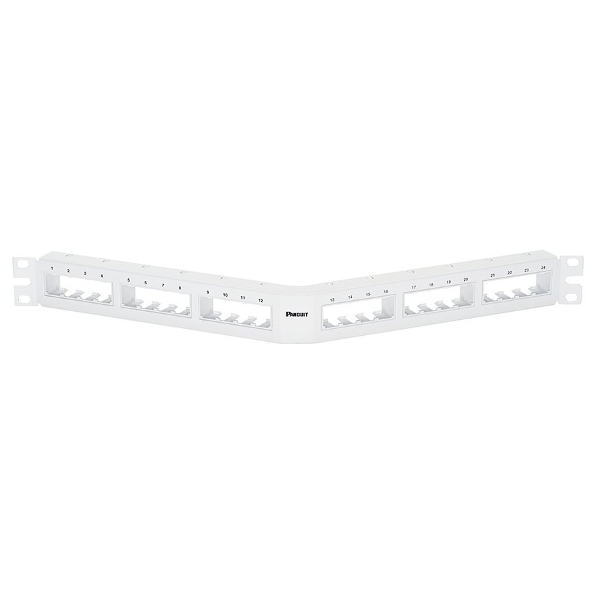 Mini Com 24 portlu modüler floş beyaz açılı patch panel, (1RU) monte edin.