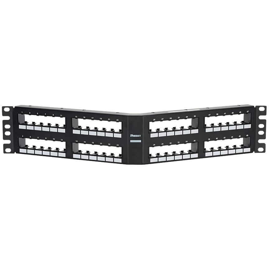 Kısa Com 48 bağlantı modüler gömme siyah patch panel açılı montaj dikey numaralandırma sekansı, limanlar, 6'da (2RU) gruplandırılmış.