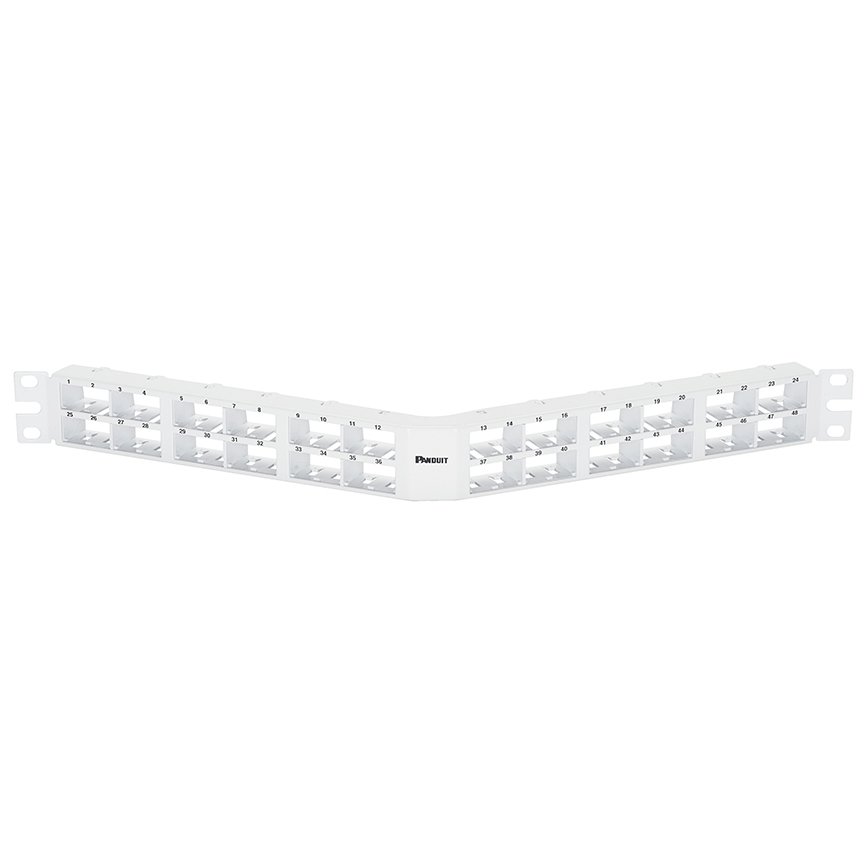 Beyaz Mini Com 48 bağlantı modüler yüksek yoğunluklu açılı patch panel (1RU).