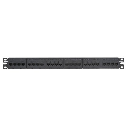 Kısa Com siyah kapaklarla 24 bağlantı modüler patch panel takımı; yirmidört Mini Com Kategori 6 jack modülleri, (1 RU) içerir.