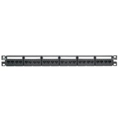 Kısa Com siyah kapaklarla 24 bağlantı modüler açılı patch panel kiti; yirmidört Mini Com Kategori 6 jack modülleri, (1 RU) içerir.