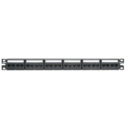 Kısa Com siyah kapaklarla 24 bağlantı modüler patch panel takımı; yirmidört Mini Com Kategori 6A jak modülleri, etiketler ve etiket kapakları, (1 RU) içerir.