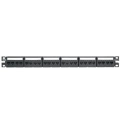 Kısa Com siyah kapaklarla 24 bağlantı modüler patch panel takımı; yirmidört Mini Com Kategori 6A jak modülleri, etiketler ve etiket kapakları, (1 RU) içerir.