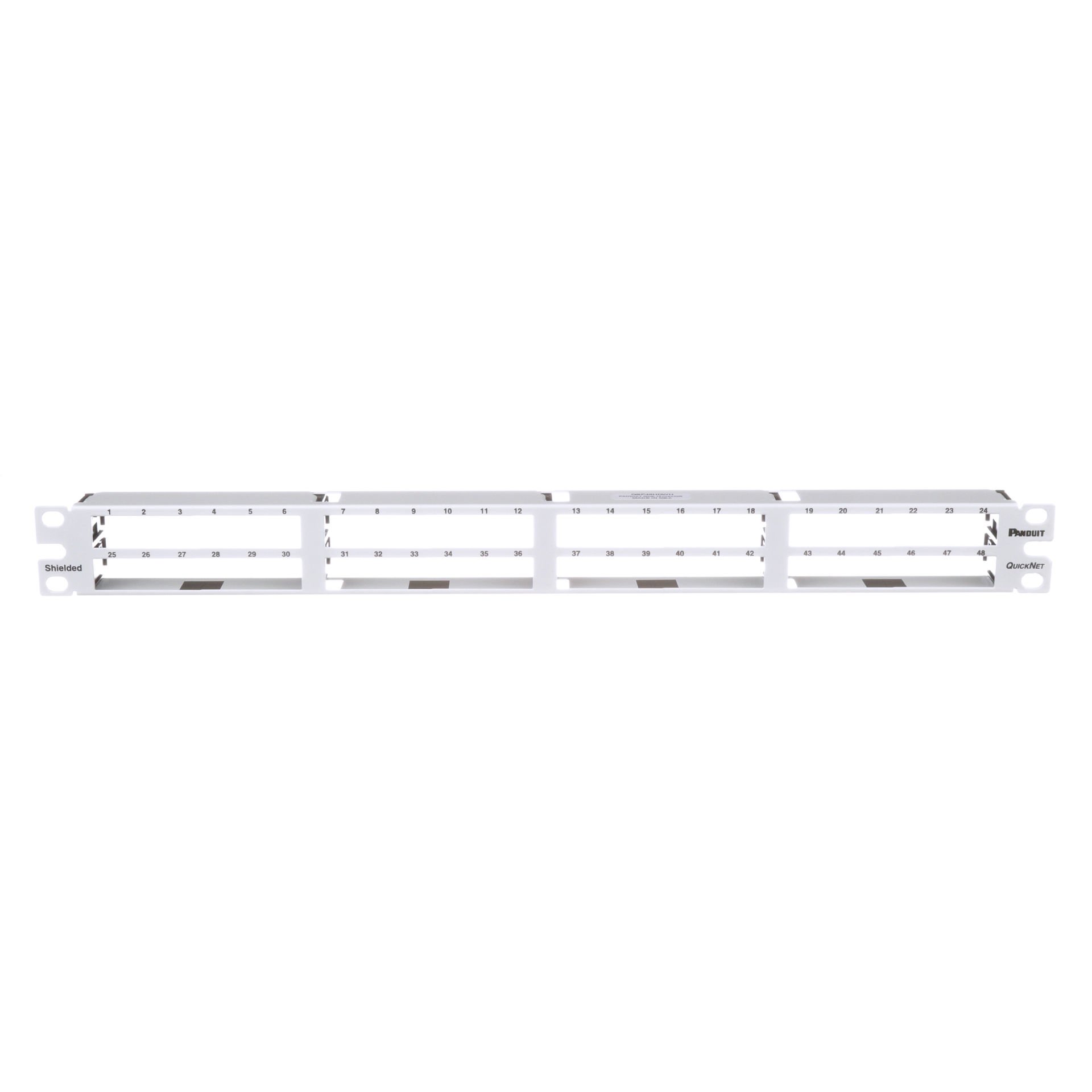 48 bağlantı beyaz yüksek yoğunluklu patch panel korumalı kabul QuickNet ™ korumalı kaset ve bir patch panel adaptörleri önceden sona erdirildi. (1 RU).