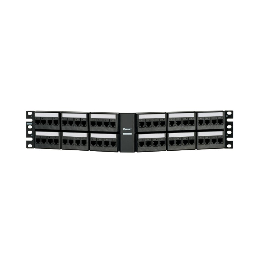 Kısa Com siyah kapaklarla 48 bağlantı modüler açılı patch panel kiti; kırk sekiz Mini Com Kategori 6A jak modülleri, etiketler ve etiket kapakları, (2 RU) içerir.