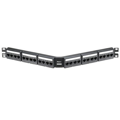 Kısa Com siyah kapaklarla 24 bağlantı modüler açılı patch panel kiti; yirmidört Mini Com Kategori 6 jack modülleri, etiketler ve etiket kapakları, (1 RU) içerir.
