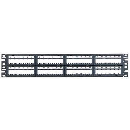 Siyah Mini Com 48 bağlantı modüler patch panel, 6, etiket ve etiket kapakları, (2RU) gruplandırılmış bağlantı noktaları olan yüzeyler içerir.