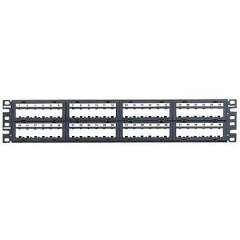 Siyah Mini Com 48 bağlantı modüler patch panel, 6, etiket ve etiket kapakları, (2RU) gruplandırılmış bağlantı noktaları olan yüzeyler içerir.