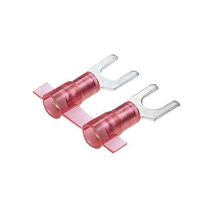 18 AWG kablo aralığı, 10. saplama boyutu - çatal terminal, naylon, huni girişi, bir metal yalıtım kavrama kovanı, 22 yalıtılmıştır.