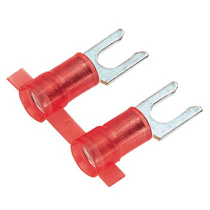 Kilitleme çatal terminal, naylon yalıtılmış, huni giriş metal yalıtım kavrama manşonu, 22-18 AWG kablo aralığı, 10. saplama boyutu.