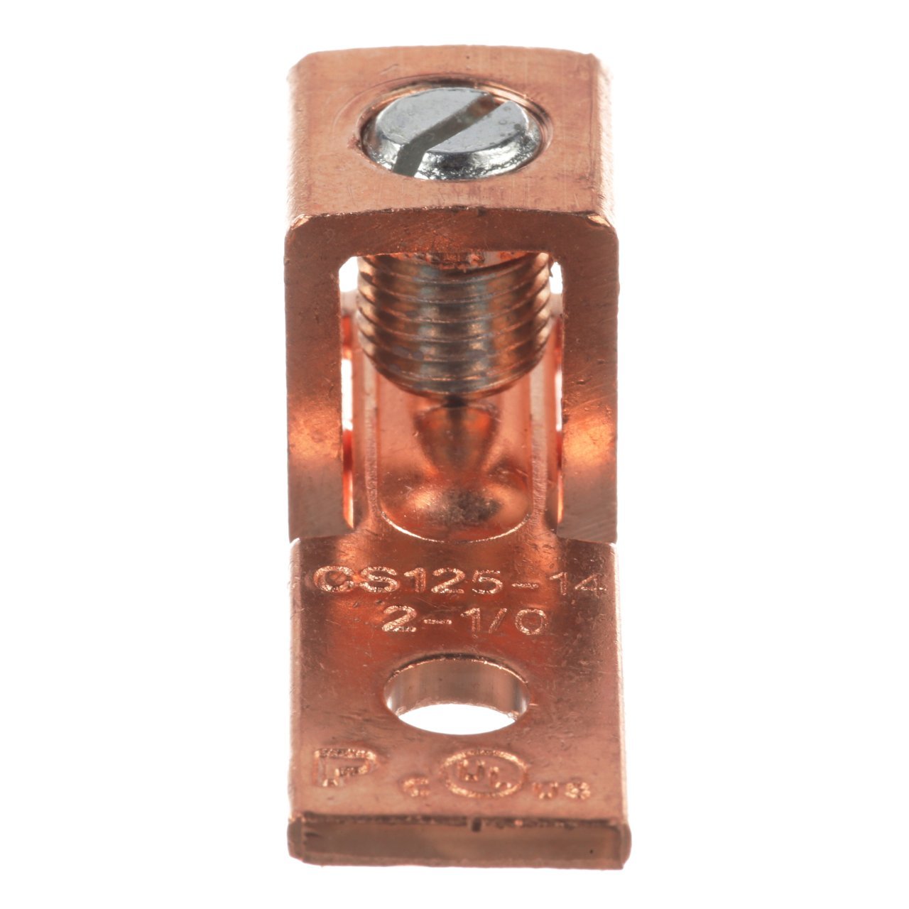 Tek bir delik, bakır, tek kovan, düz dil kulağı, oluklu vida, 2. yüzer - 1/0 AWG, 1/4 (6.4mm) saplama deliği.
