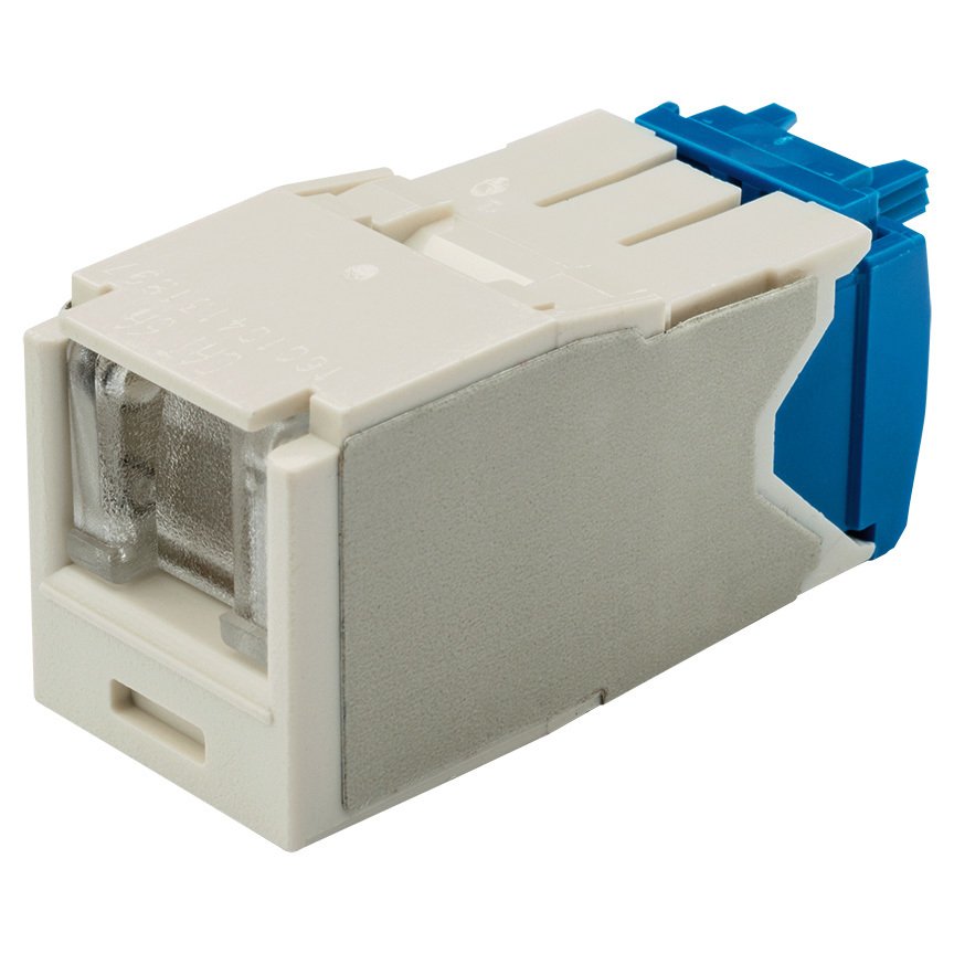 Kategori 6A, RJ45, 8-konumunda, 8-tel yay, Kriko modülü, tam beyaz olmayan bir kepenk.