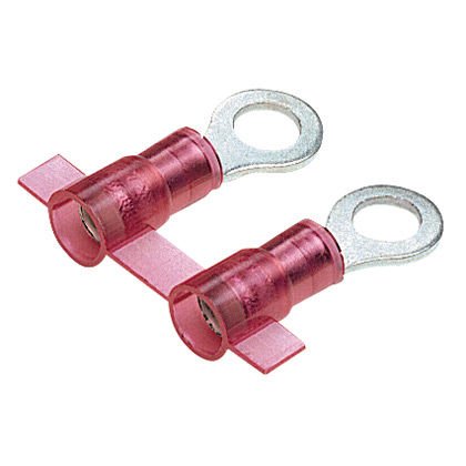 Halka terminal, dar dil, naylon yalıtımlı, huni girişi, metal manşon, 22-18 AWG, 6. saplama boyutu.